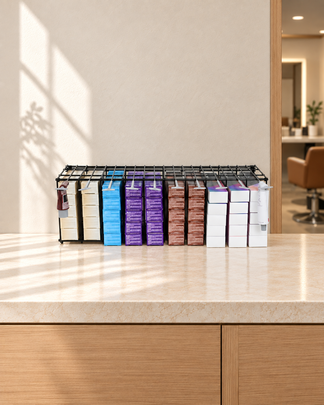 Color Racks in a naturally lit salon setting