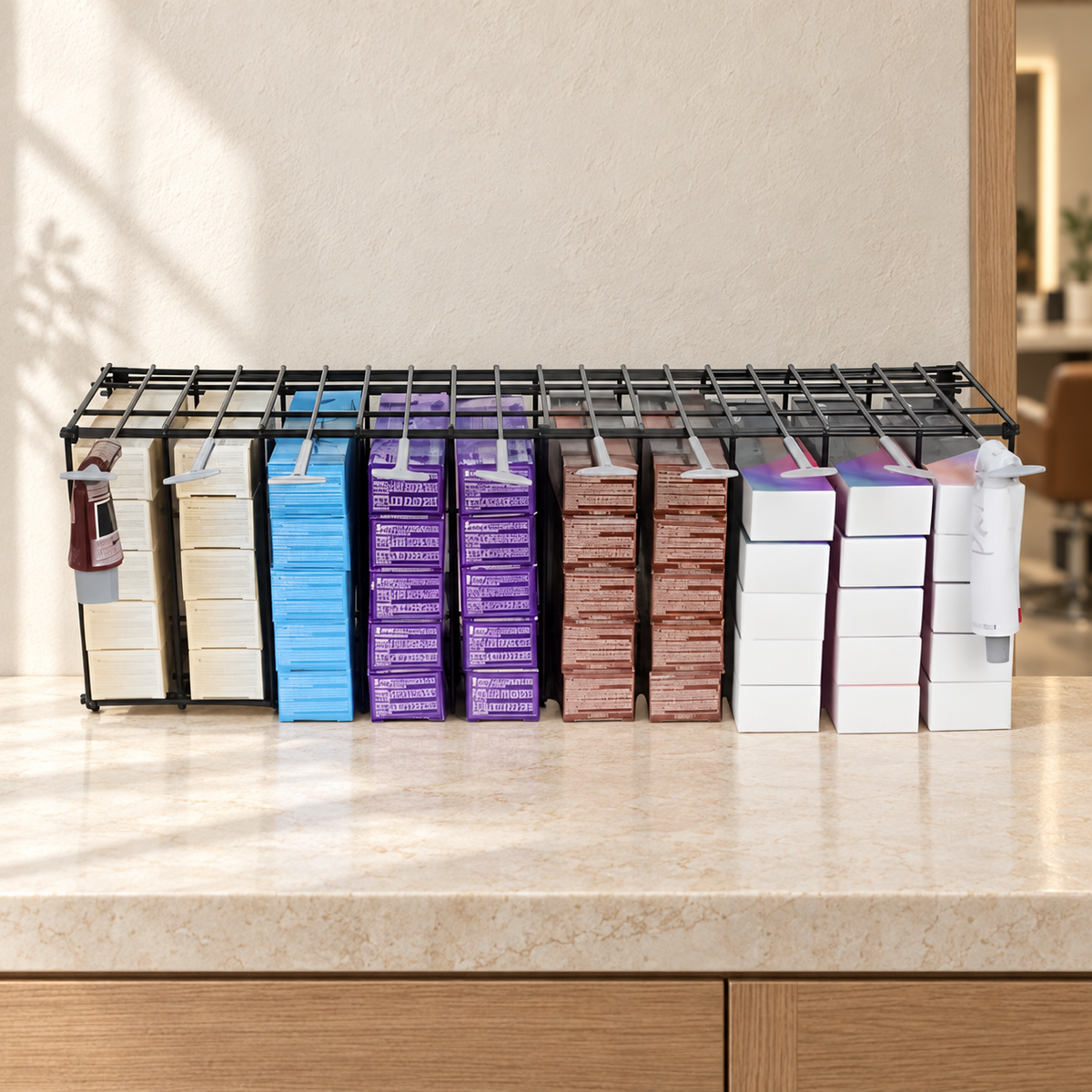 Large EZ Rack hair color organizer in a naturally lit salon.