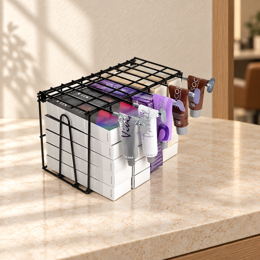 ez hair color rack small in a warm, naturally lit salon setting
